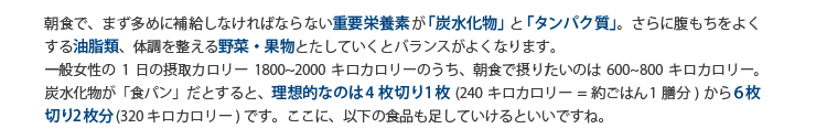 朝食で、まず多めに補給しなければならない重要栄養素が「炭水化物」と「タンパク質」。さらに腹もちをよくする油脂類、体調を整える野菜・果物とたしていくとバランスがよくなります。一般女性の1日の摂取カロリー1800~2000キロカロリーのうち、朝食で摂りたいのは600~800キロカロリー。炭水化物が「食パン」だとすると、理想的なのは4枚切り1枚(240キロカロリー=約ごはん1膳分)から６枚切り2枚分(320キロカロリー)です。ここに、以下の食品も足していけるといいですね。