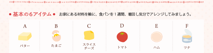 基本の6アイテム　お家にある材料を軸に、食パンを1週間、着回し気分でアレンジしてみましょう。