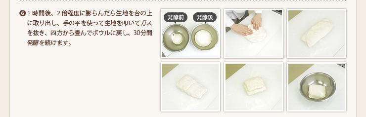 6.1時間後、2倍程度に膨らんだら生地を台の上に取り出し、手の平を使って生地を叩いてガスを抜き、四方から畳んでボウルに戻し、30分間発酵を続けます。