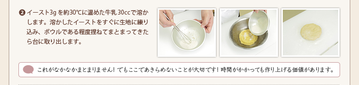 2.イースト3gを約30℃に温めた牛乳30ccで溶かします。